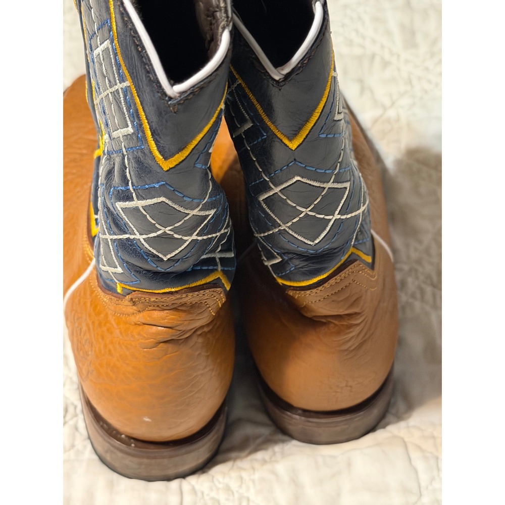 Alfa Western Boots Men 9.5 Wide 2EE Brown Navy Blue Square Toe Cowboy Leather - Picture 6 of 8